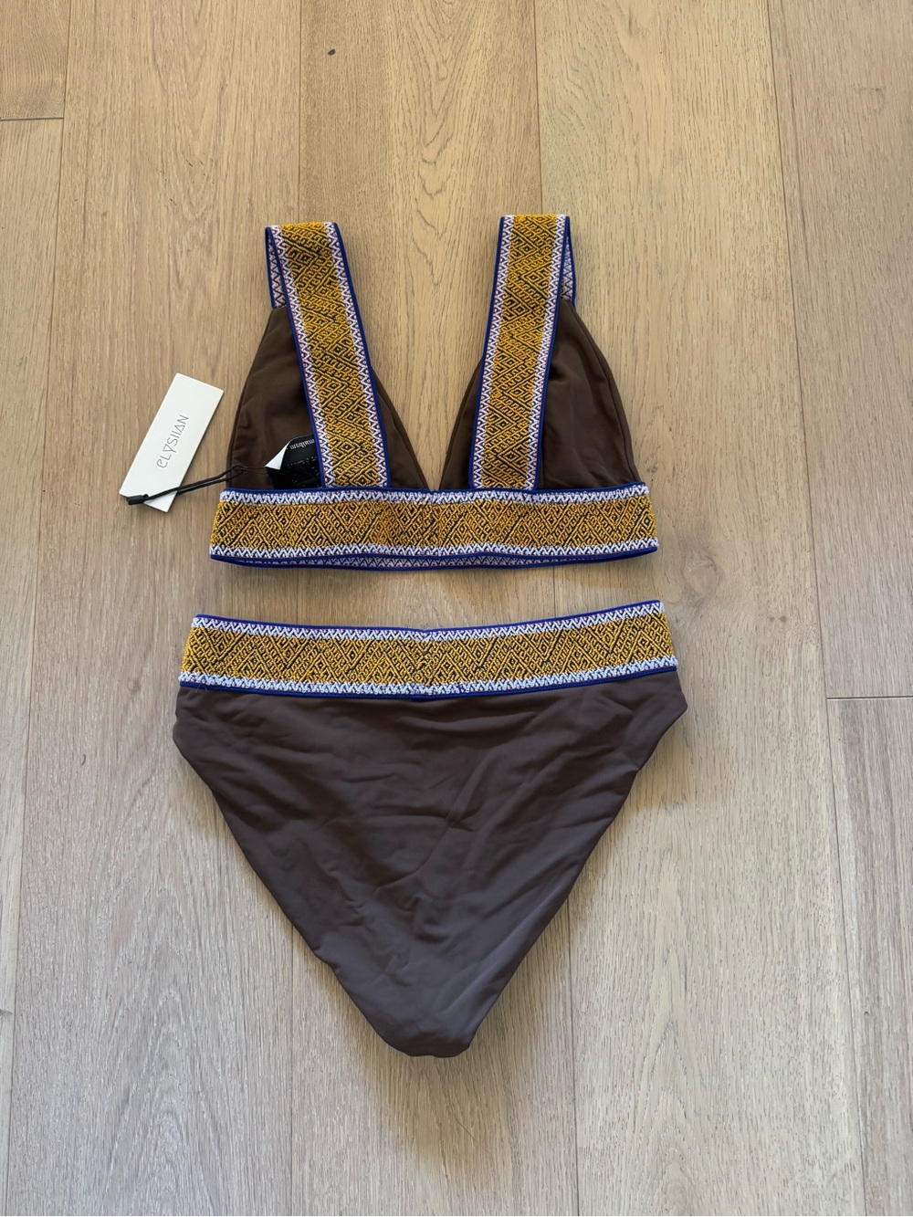 NWT Elysiian Women’s Brown Bikini with Gold and BlueTrim - Picture 3 of 4